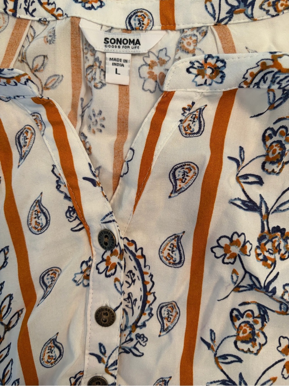 Sonoma White Button-Up Shirt with Orange Stripes and Navy Floral Print